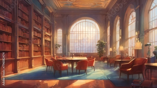 Illustration of a Library  Inviting Readers into a World of Knowledge and Imagination  Adorned with Rows of Books and Cozy Reading Nooks