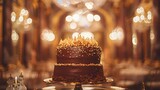 Indulgent chocolate birthday cake topped with luscious buttercream frosting and sprinkled with edible pearls, positioned amidst the opulent decor of a grand wedding ballroom