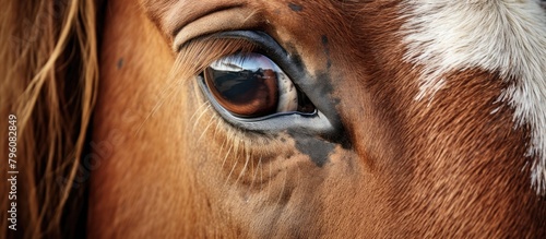Closeup of a sorrel horses eye with long eyelashes