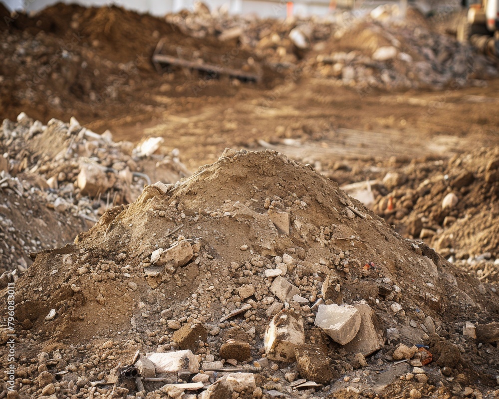 Piles of dirt and rubble scattered across the work zone, abstract , background Piles of dirt and rubble scattered across the work zone, abstract , background