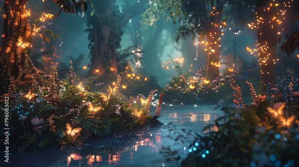 Fototapeta premium Magical fantasy forest comes to life with glowing plants background