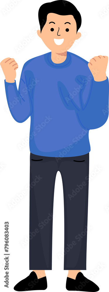 portrait happy man standing with hands clenched in fists and excited gesture portrait happy man standing with hands clenched in fists and excited gesture