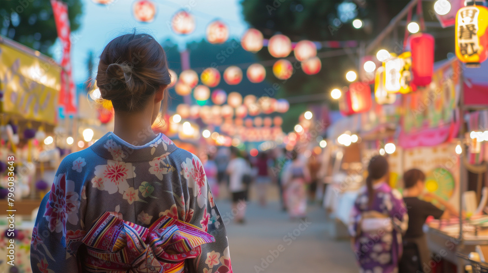 夏祭りを楽しむ浴衣の女性