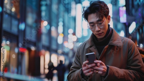 city life as a stylish man seamlessly incorporates his smartphone into daily activities