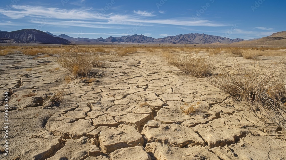 A dry field dominates the foreground, with rugged mountains towering in the background under a clear sky. The field appears barren, with sparse vegetation and cracked earth, contrasting with the