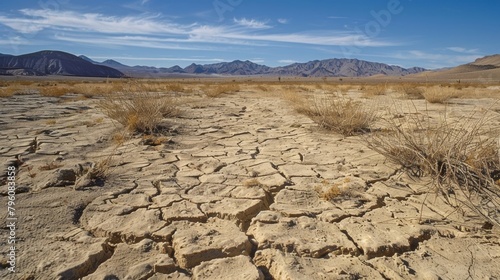 A dry field dominates the foreground, with rugged mountains towering in the background under a clear sky. The field appears barren, with sparse vegetation and cracked earth, contrasting with the