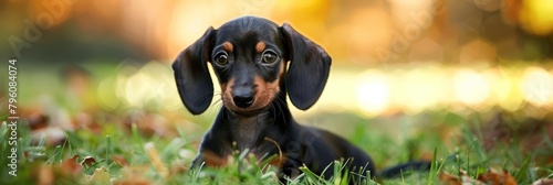 A dachshund puppy with oversized ears and sparkling eyes wags its tail vigorously, eager for another round of fetch in the park