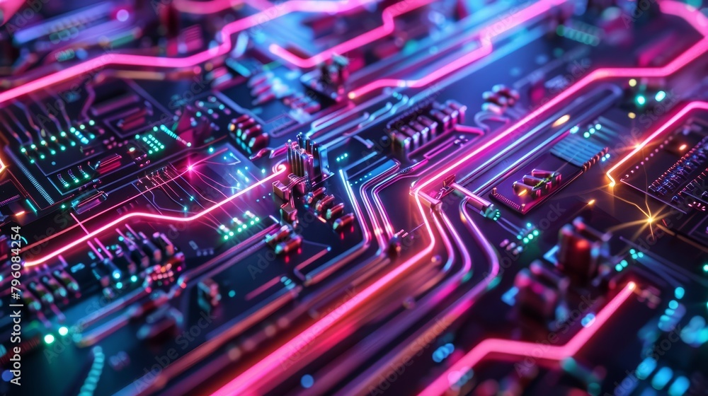 A macro closeup of an electrical system reveals a network of wires and circuits, pulsing with currents as neon lights trace the flow of electricity A macro closeup of an electrical system reveals a network of wires and circuits, pulsing with currents as neon lights trace the flow of electricity