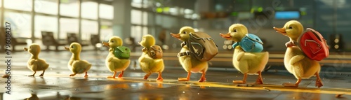 A group of ducklings, each wearing a small, colorful backpack, waddle through the airport, following their mother to their first flight across the country photo