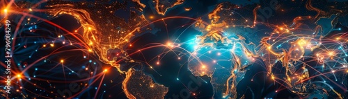 A macro closeup of a digital map displays international trade routes pulsing with light, illustrating the dynamic flow of goods and capital across continents