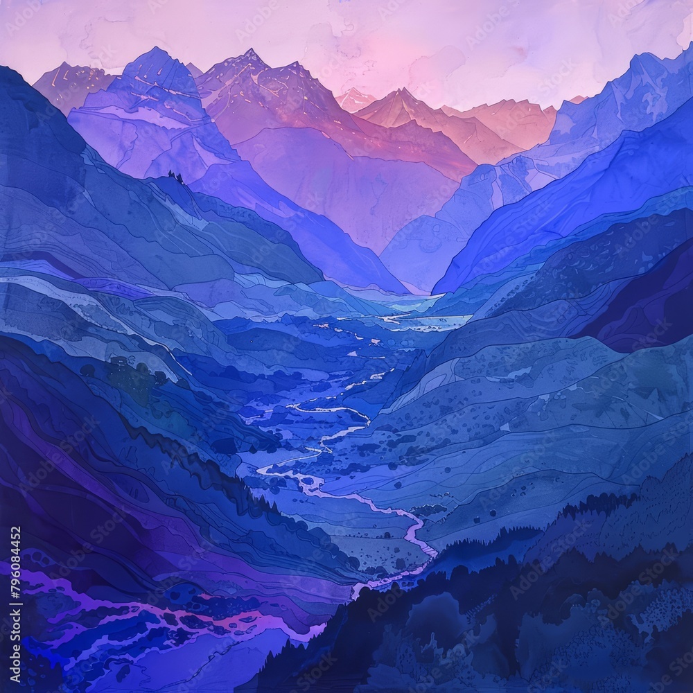 A mountain vista at dusk, the peaks casting long shadows over the valley below, bathed in a wash of purples and blues, kawaii, bright water color A mountain vista at dusk, the peaks casting long shadows over the valley below, bathed in a wash of purples and blues, kawaii, bright water color