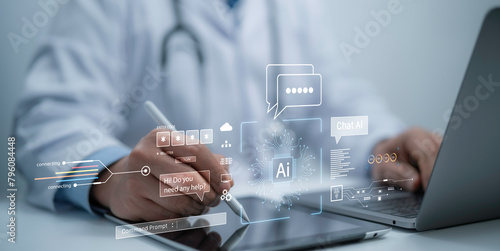 Medical worker touch virtual medical revolution and advance of technology Artificial Intelligence,AI Deep Learning for medical research,Transformation of innovation and technology for future Health