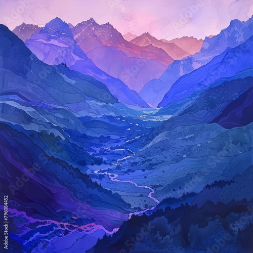 A mountain vista at dusk, the peaks casting long shadows over the valley below, bathed in a wash of purples and blues, kawaii, bright water color © JK_kyoto