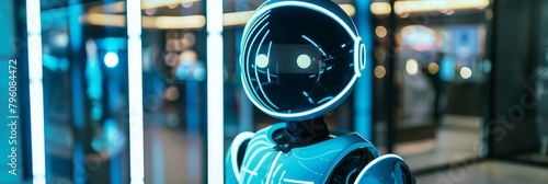 A neonoutlined robotic concierge welcomes visitors at a corporate headquarters, providing information and guidance with a friendly interface and glowing presence