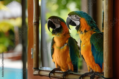 A pair of parrots in a special birdfriendly hotel room chirp happily at their reflection in the mirror, enjoying their tropical vacation by the beach