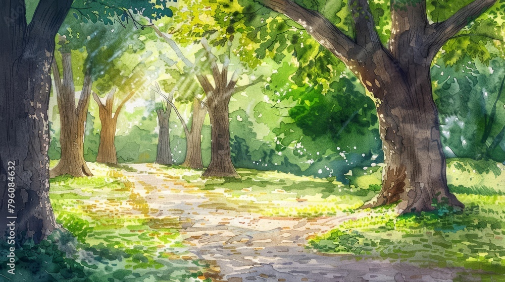 Fototapeta premium A peaceful park path winds beneath old, towering trees, their leaves painting dappled shadows on the ground, kawaii, bright water color