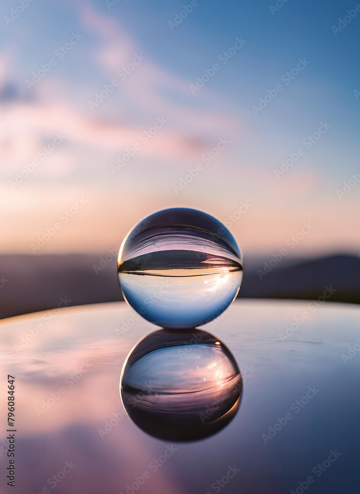 A serene sunset over mountains, reflected in a crystal ball and water, with vibrant hues A serene sunset over mountains, reflected in a crystal ball and water, with vibrant hues
