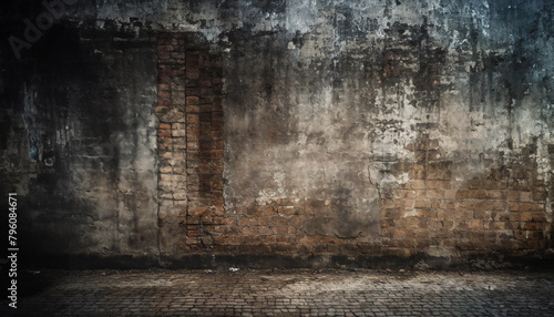 A weathered wall with peeling paint and exposed bricks above a cobblestone street, exuding an air of decay and time passage