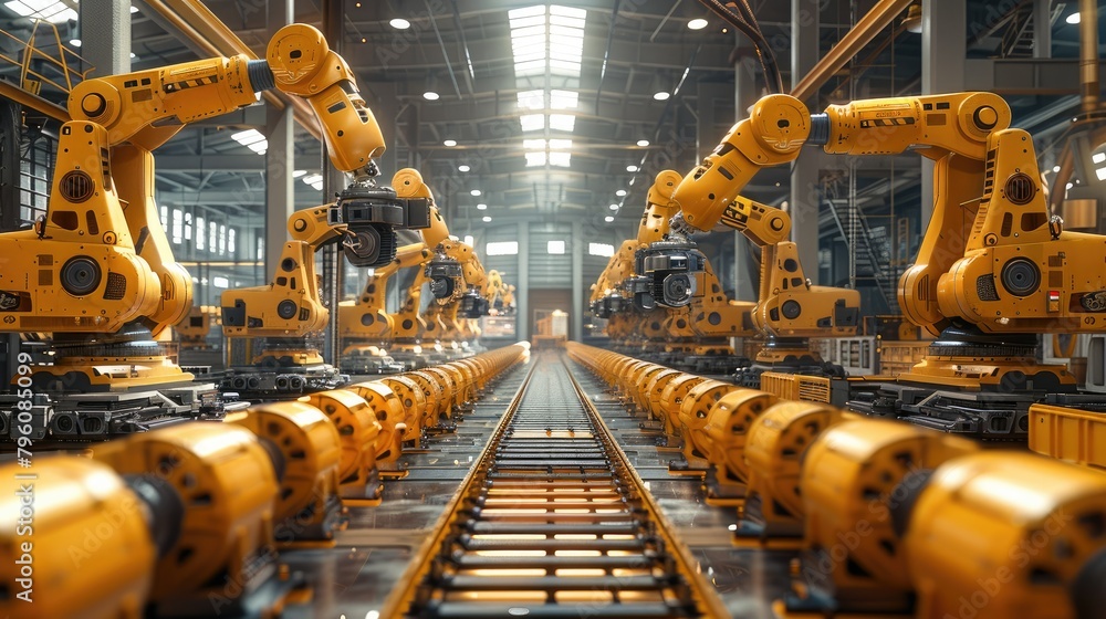 A factory with an assembly line fully robotic with two lines of big robotic arms made of yellow metal, assembling a wood house. Generative AI. A factory with an assembly line fully robotic with two lines of big robotic arms made of yellow metal, assembling a wood house. Generative AI.