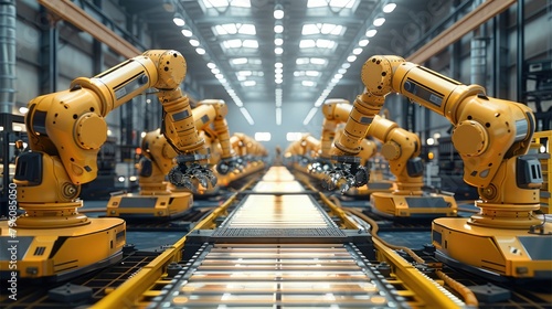 A factory with an assembly line fully robotic with two lines of big robotic arms made of yellow metal, assembling a wood house. Generative AI. © visoot