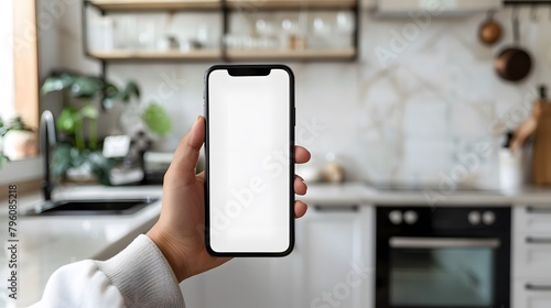 A person's hand holding a phone with a blank white screen, Blur kitchen in the background
