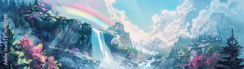 A waterfall cascades down rocky terraces, its mist creating rainbows that hover in the spray, a dynamic watercolor scene, kawaii, bright water color photo