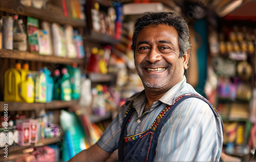 An indian man working in a stationery shop.