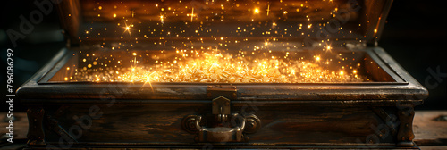 close up shot of a burning stove,
Stars sparkles glowing chest treasure opened sta photo