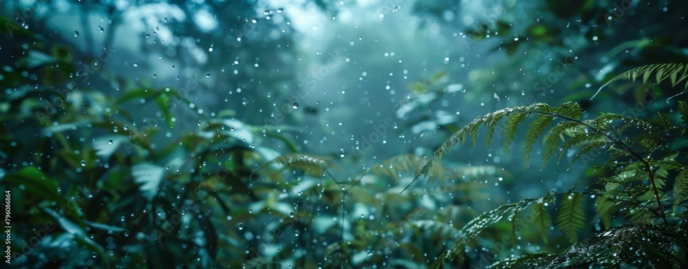 background banner with ferns and raindrops