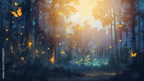 Fireflies dart through the air in an erratic ballet, their luminescent bodies sketching patterns of light against the backdrop of the darkened woods, art concept photo