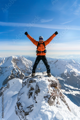 Success and athletic achievement concept, featuring a male hiker celebrating a triumphant moment atop a mountain peak