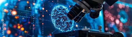 Highpowered microscopes digitally magnify nanomaterials, displaying their intricate structures on large, vibrant screens for detailed analysis, background concept photo