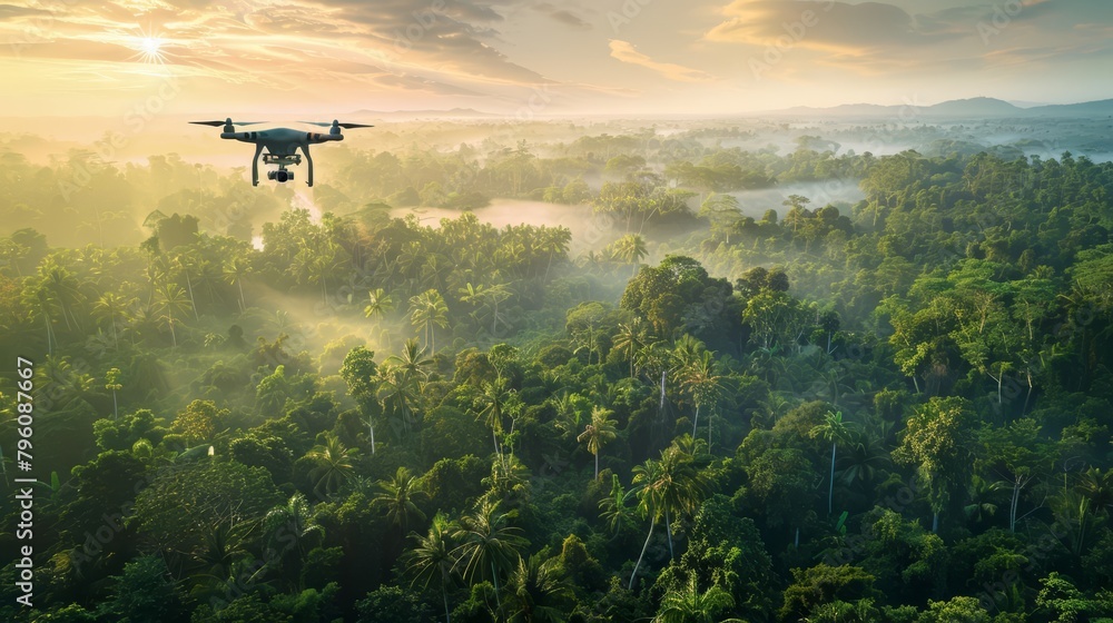 Fototapeta premium In environmental conservation, drone technology is being innovated to monitor wildlife and track illegal activities such as poaching and deforestation, aiding in the protection of natural habitats, sc