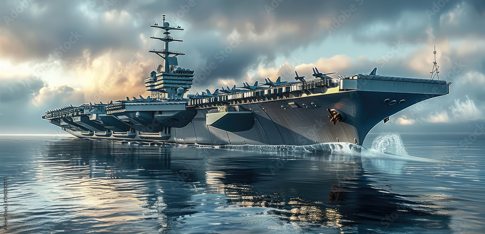 A Navy aircraft carrier with an enormous gray and black camouflage, as seen from the water level. Generative AI. A Navy aircraft carrier with an enormous gray and black camouflage, as seen from the water level. Generative AI.