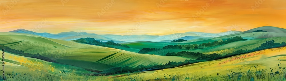 Rolling hills stretch towards the horizon, their contours highlighted by the golden hue of the setting sun, creating a serene pastoral scene, kawaii, bright water color