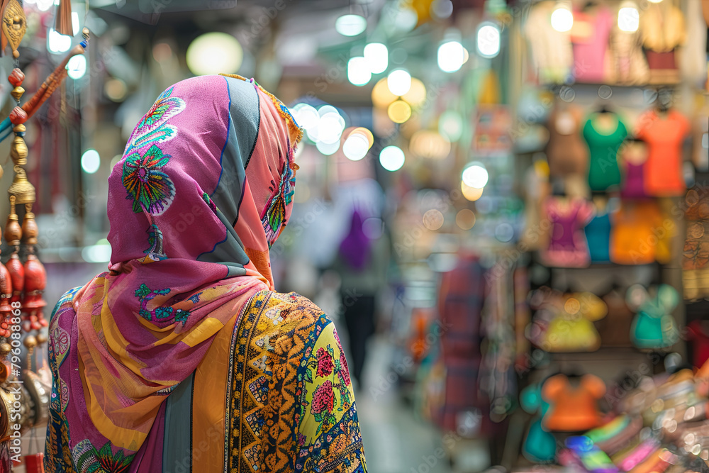 Affluent Middle Eastern woman in traditional headscarf browsing stores in city center