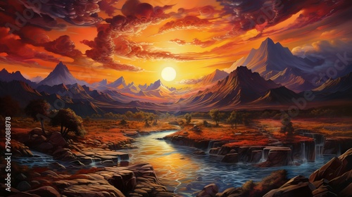 A beautiful sunset over a mountain landscape with a river running through the middle.