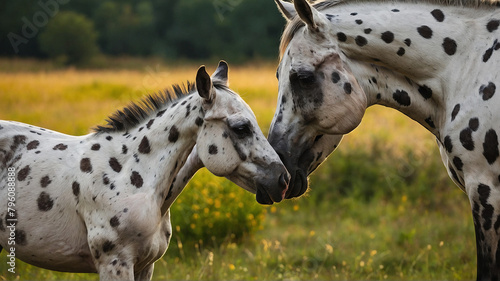 A graceful Appaloosa mare and her foal nuzzling affectionately in a peaceful pasture. Generated AI.