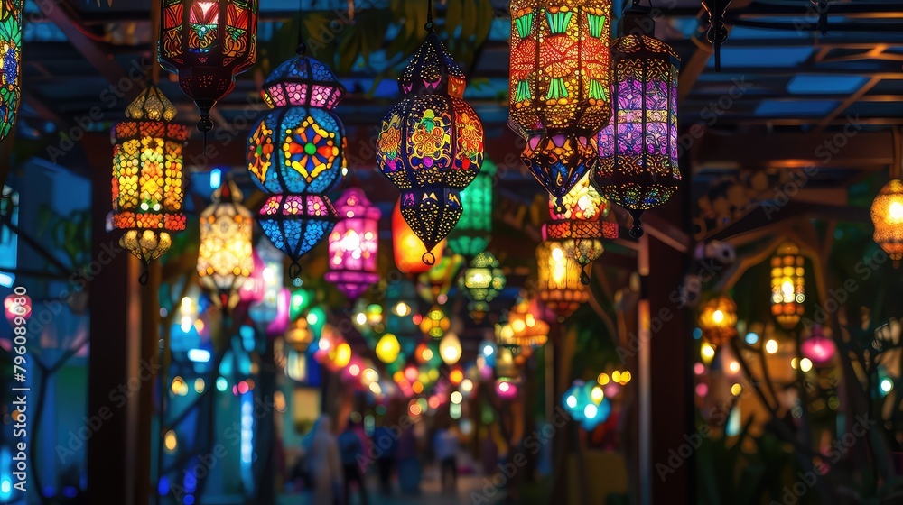 Obraz premium Lantern that have moon symbol on top and small plate of dates fruit with night sky and city bokeh light background for the Muslim feast of the holy month of Ramadan Kareem.