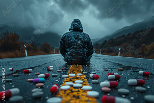 Drug problem addiction. Psychological disorder that leads a person to use drugs excessively. Depression, developmental lags, apathy, withdrawal. Drug dependency, brain damage photo