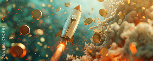 A golden rocket ship launching from a cloud of bitcoin. photo