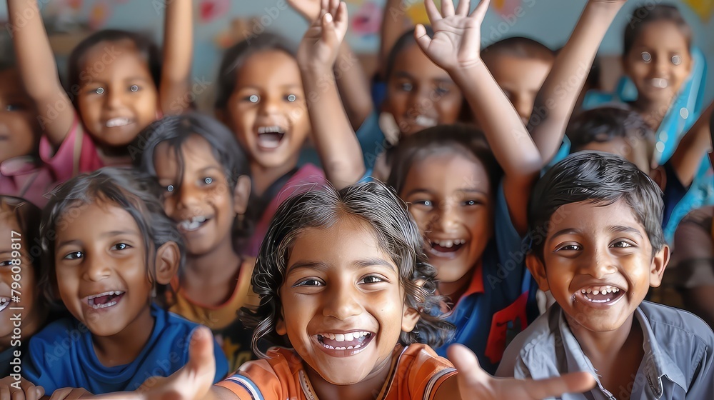 Below view of happy children embracing each other and smiling at camera Below view of happy children embracing each other and smiling at camera
