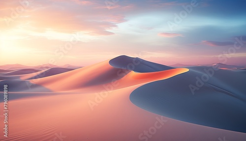 A vast desert landscape with rolling sand dunes under a setting sun.