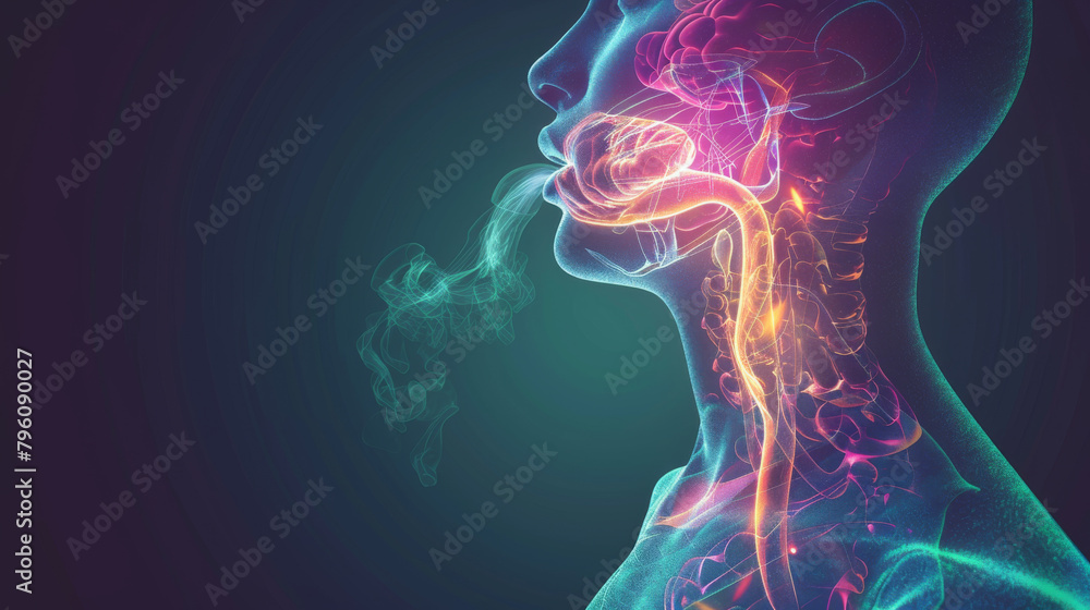 An illustration of a person breathing, with the smoke representing the breath.