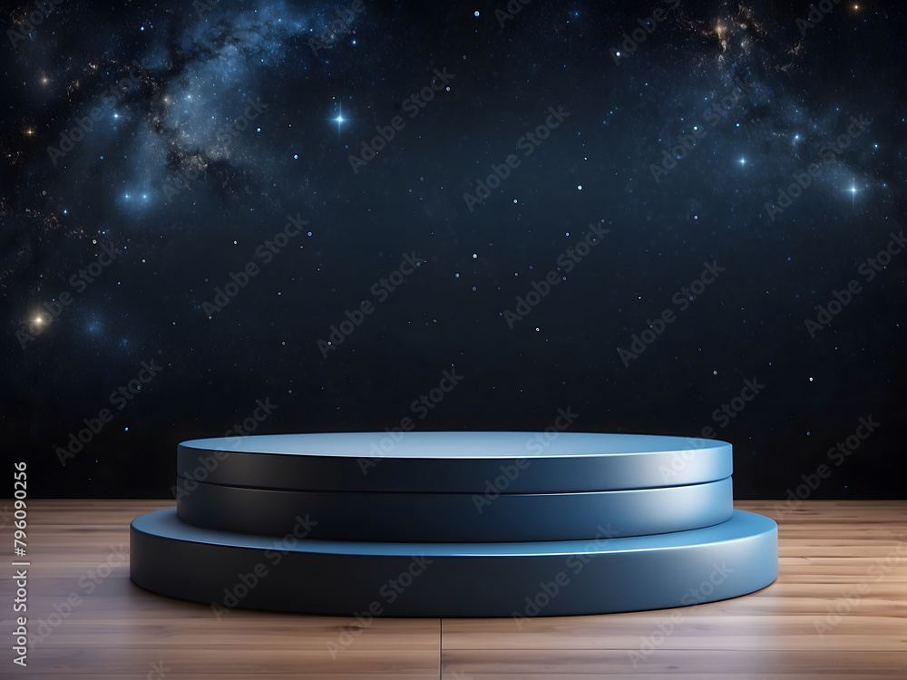 Empty black metallic podium on a blue star galaxy background design for product presentation. - obrazy, fototapety, plakaty 