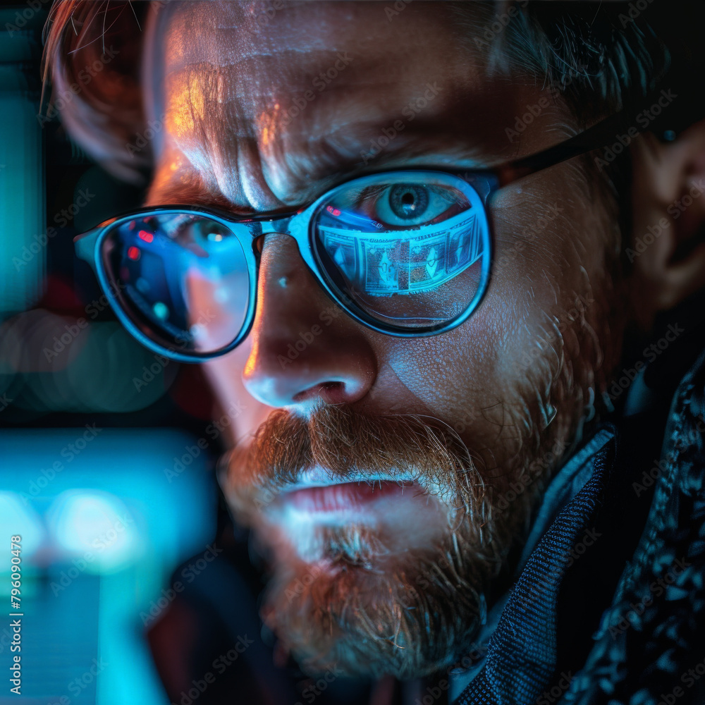 Cyber security expert tracking a digital money trail, intense focus as he uncovers a cyber robbery--ar 16:9 Cyber security expert tracking a digital money trail, intense focus as he uncovers a cyber robbery--ar 16:9