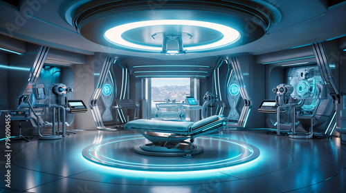 Futuristic Medical Bay Interior with Advanced Technology and Surgical Bed in a Space Station