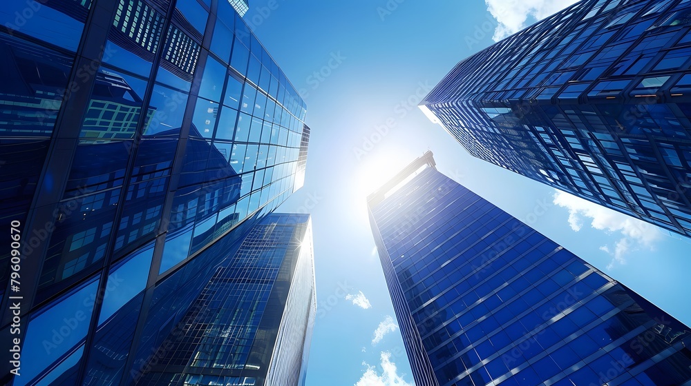 Skyscrapers, sun shining through glass windows, blue sky