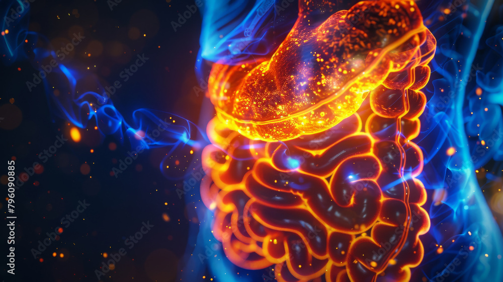 Illustration of the human digestive system with a blue background