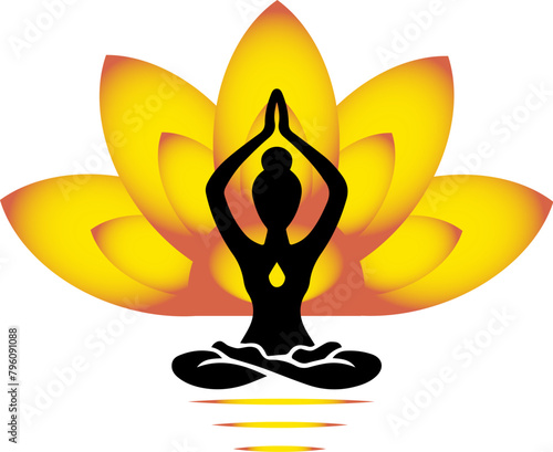 Yoga - Meditation in the lotus position against the background of the rising sun. the emblem of yoga.